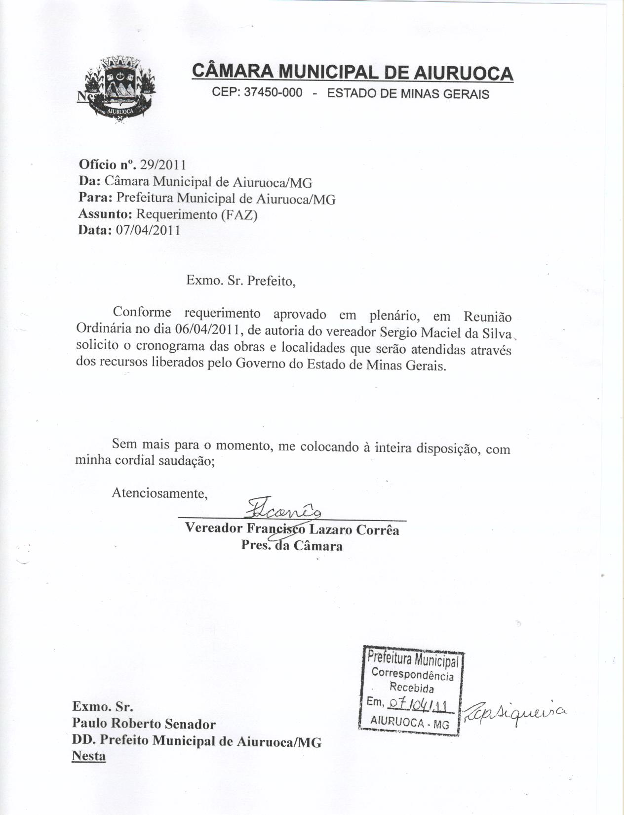 Ofícios 2011 | Câmara Municipal de Aiuruoca Ofícios 2011 | Câmara Municipal de Aiuruoca